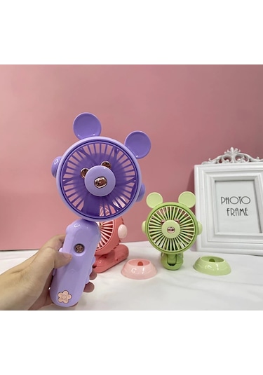 Şarj Edilebilir Fanlı Ayıcık Figürlü Ayarlanabilir El Fanı Vantilatör - Mor