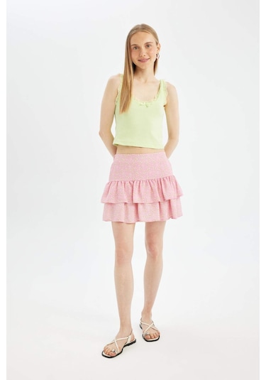 DeFacto Coool Desenli Yüksek Bel Maroken Mini Etek D1363AX24SMPN253 Pembe