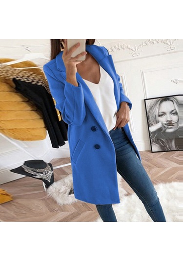 Moda Takım Elbise Yaka Slim Fit Kadın Trençkotu Gök Mavisi