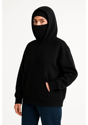 Kadın Samuray Ninja Çift Kapşonlu Zıp Fermuarlı Kanguru Çepli Hoodie Maske Detaylı Swetshirt - Siyah Siyah