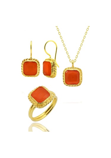 Beyisa Güneş Taşı Serisi Sarma Kare Kesim Turuncu Renkli 22 Ayar Altın Kaplama Kadın Set