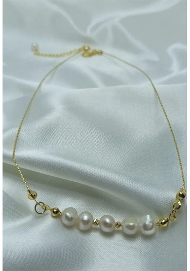 24k Altın Kaplama Gerçek İnci Dorika Detaylı Kolye 60 Cm Beyaz Çok Renkli