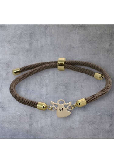 Archin M Harfine Özel Mevlana Figürlü Kahverengi Örgülü 14 Ayar Altın Plakalı Hediye Bileklik-335harf Altın
