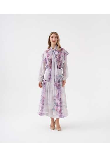 Fırfır Detaylı Transparan Çiçek Desenli Bağlama Yakalı Takım Lila