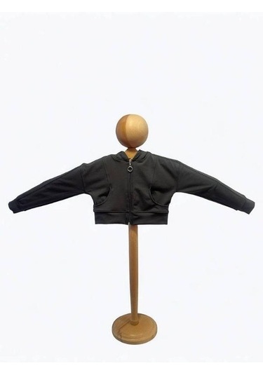 Kız Çocuk Pamuklu Crop Fermuarlı Kapuşonlu Hırka-15454 Füme