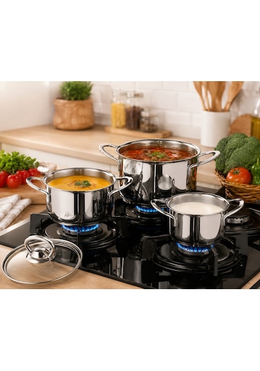 Oms Collection - 6 Parça İndüksiyon Taban Sos Mama Çorba Mini Derin Tencere Seti 1155 - Gümüş