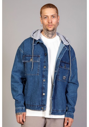 Erkek Mavi Kapüşonlu Çıkarılabilir Kapüşonlu Oversize Kot Cek... Mavi