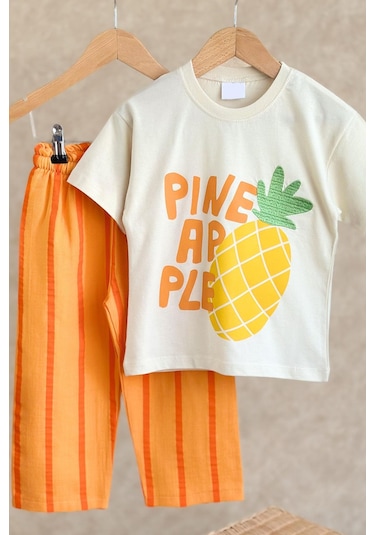 Kız Çocuk Pineapple - Ananas Baskı Detaylı Müslin Kumaş Jogger Pantolonlu Nakışlı Trend Altüst Takım Turuncu Kız Çocuk Pineapple - Ananas Baskı Detaylı Müslin Kumaş Jogger Pantolonlu Nakışlı Trend Altüst Takım Turuncu