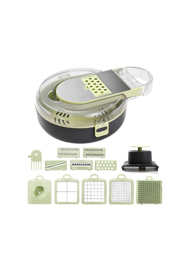 Teltree Ev Ofisi Mutfak Yeşil El Kesici, Potato Patates Havuçu Ispanak Kıyma, Dilimleme, Kırpma, Parçalama, 9 Farklı Bıçaklı, El Koruyucu, Sulama Separatorlu, 29.5cm, Abs+pp+paslanmaz Çelik