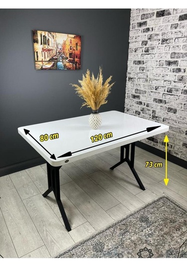 Sultan Beyaz Siyah Mutfak Yemek Masası Balkon Masası Kavisli Köşe Metal Siyah Ayak 120 80 Cm
