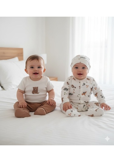 Erkek Bebek 4'lü Baskılı Takım 1-3 / 3-6 Ay Kahverengi