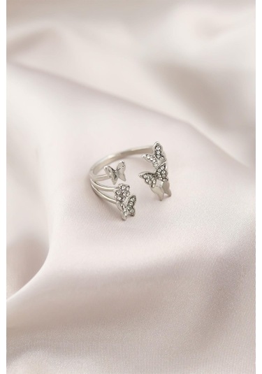 Gümüş Renk Metal Kelebek Model Kadın Yüzük Gümüş