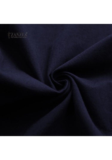 Lacivert Zanzea Vintage Kadın Yaka Boyun Düğmesi Ön Tunik Gömlek Gevşek Rahat Uzun Kollu Düzensiz Bluz Üstleri L Lacivert