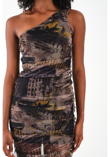 Tek Omuz Tül Elbise Yeşil