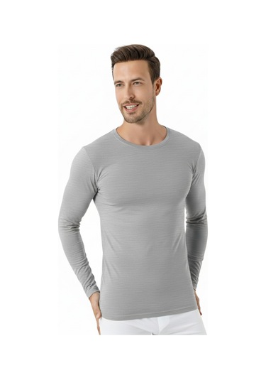 Gri Erkek Regular Fit Bisiklet Yaka Uzun Kollu Tişört 2'li Paket %100 Pamuk Gri 2