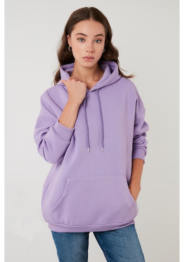 Lela Regular Fit Pamuklu Kapüşonlu Yaka Şardonlu Kışlık Bayan Sweat 5863854 Lila