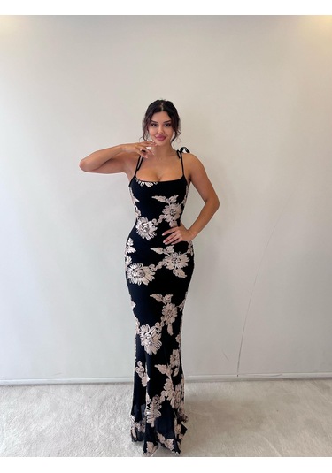 Siyah Bej Ayarlanabilir Askılı Çiçekli Siyah Bej