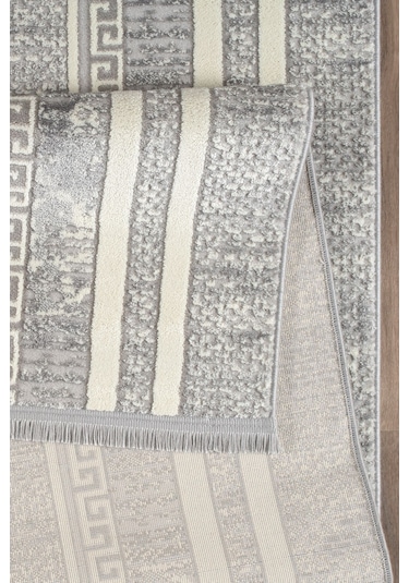 %100 Akrilik Sık Dokuma Şerit Krem - Gri Parlak İplik Makine Mutfak Koridor Salon Yatak Odası Halı