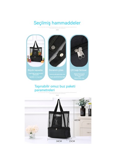 Açık Saklama Çantası, Taşınabilir Omuz Çift Kullanımlı Piknik Çantası Buz Çantası Siyah