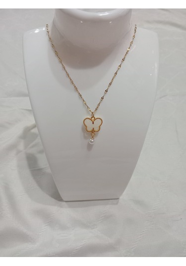 Kelebek Kolye İnci Boncuk Uçlu Beyaz