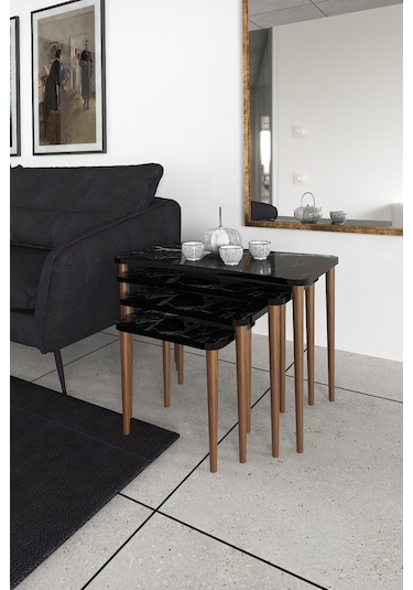 Selena 4Lü Zigon Sehpa Ahşap Ayaklı Salonseti Sehpası Siyah Mermer