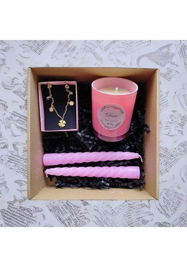 Denic Hediye Seti Kokulu Pembe Bardak Mum Yonca Kolye Burgulu Mum
