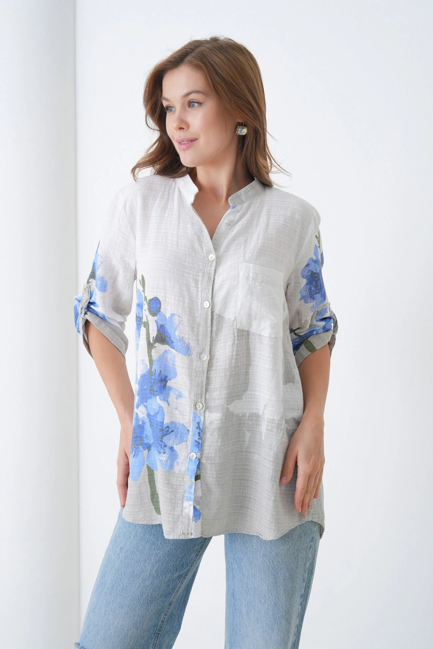 Kadın Tesettüre Uygun Uzun Kol Pamuk Şık Büyük Beden Desenli Curve Rahat İtalyan Keten Gömlek Mavi