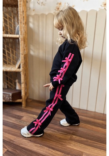 3-10 Yaş Fiyonklu Kız Çocuk Eşofman Takımı Siyah Siyah