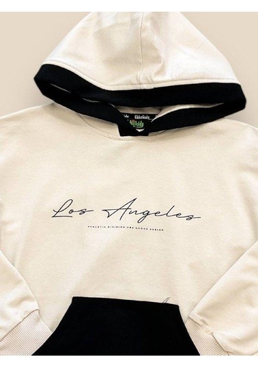 Erkek Çocuk Kapüşonlu Los Angeles Yazılı Pamuklu Sweatshirt-14694 Bej