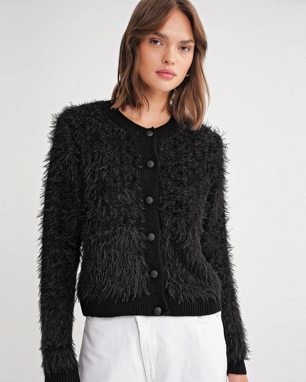 6897 Kadın Uzun Sakallı Bant Detaylı Triko Hırka Siyah Siyah