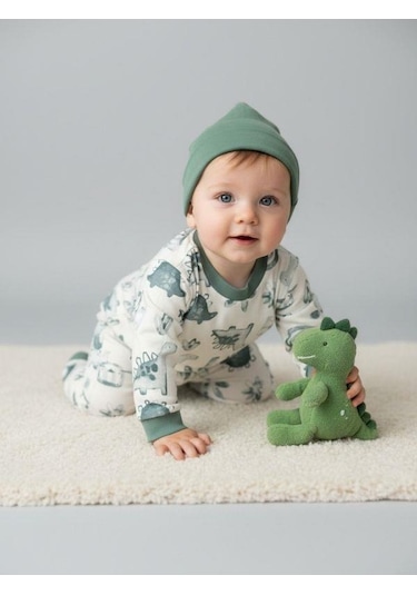 Zekids Erkek Bebek Pamuklu Dinazor Desenli Pijama Takımı-16268 Yeşil