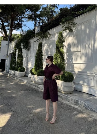 Kadın Yakalı Gömlek Kemerli Şortlu Takım - Bordo Bordo