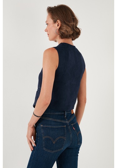 Lela Fitted Scuba Süet V Yaka Düğmeli Bayan Yelek 5865576 Lacivert