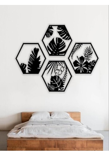 Hexaleaf Tropikal Yaprak Desenli Altıgen Ahşap Duvar Dekoru