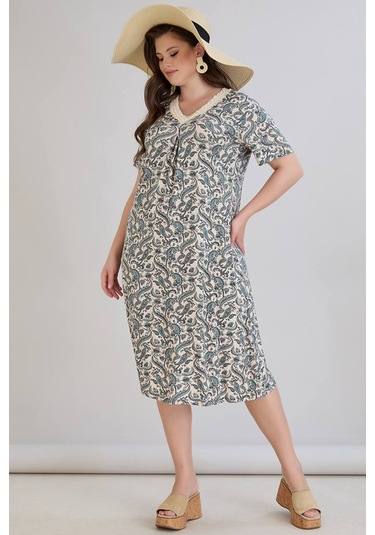 Wearon Kadın Beliz Büyük Beden Dantelli Kısa Kollu Turkuaz Elbise Bej