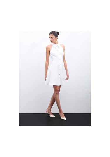 Sateen Çıtçıtlı Kısa Elbise - Ekru-135938 Ekru