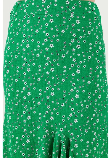 Lela Çiçek Desenli Regular Fit Volanlı Yüksek Bel Midi Boy Yırtmaçlı Bayan Etek 5869012 Yeşil