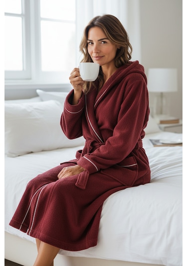 % 100 Pamuklu Laodikeia Kapşonlu Unisex Kadın Erkek Bornoz Bordo