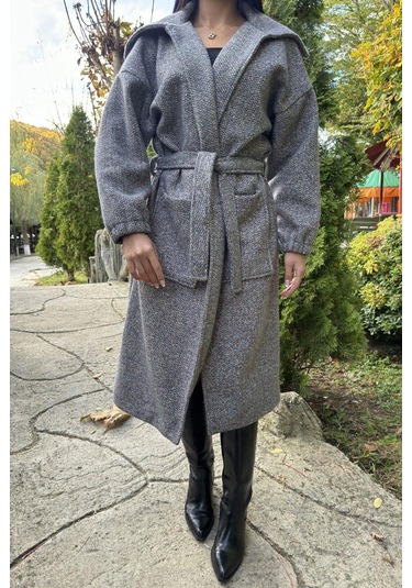 Antrasit Cepli, Balon Kol, Kemerli, Kalın Örgü Triko, Uzun Kaban Antrasit