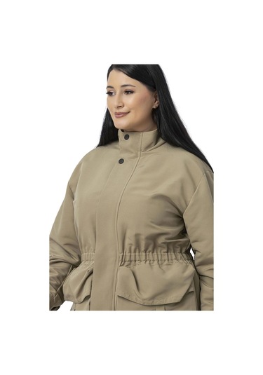 Büyük Beden Çıtçıt Ve Fermuar Kapamalı Beli Büzgülü Astarlı Çağla Yeşili Trençkot Çağla Yeşili