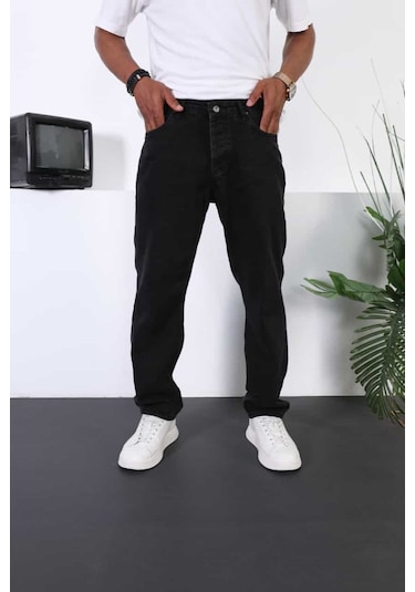 Baggy Rahat Siyah Zımparalı Renk Kot Pantolon Siyah