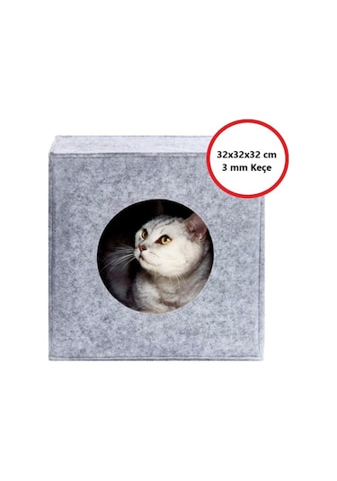 Kedi Evi Yuvası Keçe Açık Gri 3mm Kaliteli Keçe 32x32x32 Cm A5