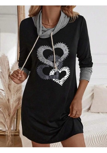 Kadın Uzun Kollu Balıkçı Yaka Bağcıklı Iki Iplik Elbise Siyah