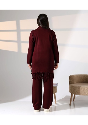 Bohem Şıklık Püskül Detaylı Üçlü Triko Takım Bordo