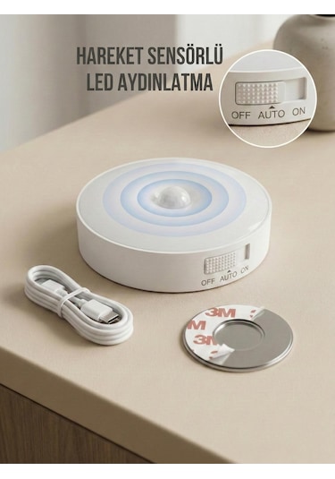Hareket Sensörlü Yuvarlak Led Aydınlatma & Usb Şarjlı Pratik Gece Lambası 8 Cm Beyaz