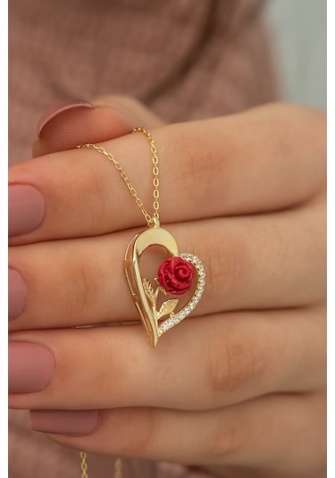 925 Ayar Gold Kırmızı Gül Kalp Kadın Gümüş Kolye