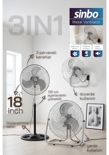 Sinbo Sf-6790 Vantilatör 18 İnç 90w 3 Ü 1 Arada Ayaklı Duvar Tipi Güçlü Fan