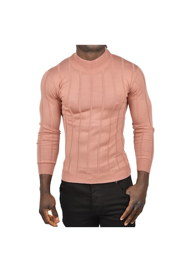 Deepsea Erkek Gülkurusu Slim Fit Likralı Tüylenme Yapmayan Yarım Balıkçı Çizgili Triko Yarım Boğazlı Kazak 2505503 Gülkurusu