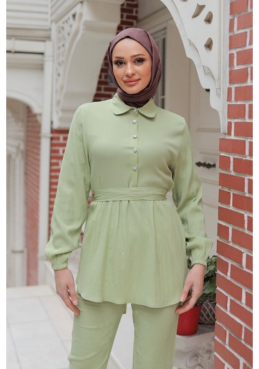 Taş Düğme Detaylı Takım Mint Yeşili Mintyeşili Mint Yeşili