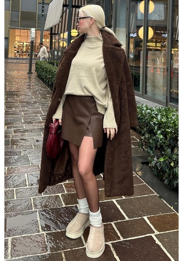 Acı Kahverengi Mini Boy Kadın Deri Etek Mg2298 Acı Kahverengi